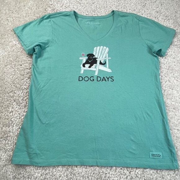 Life Is Good Tops - Life Is Good V-Neck Crusher Tee Black Dog Days In Chair Mint Green Womens Large